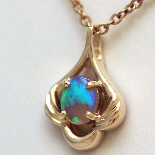 14k Yellow Gold Pendant with a SOLID CRYSTAL OPAL Large rolling flashes of peacock blue and green